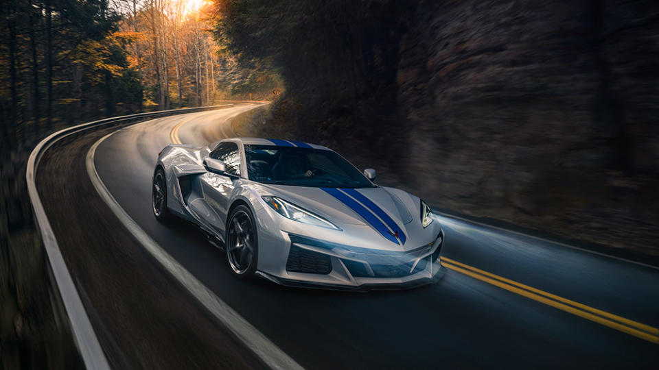 The 2024 Chevrolet C8 Corvette E-Ray on a winding road