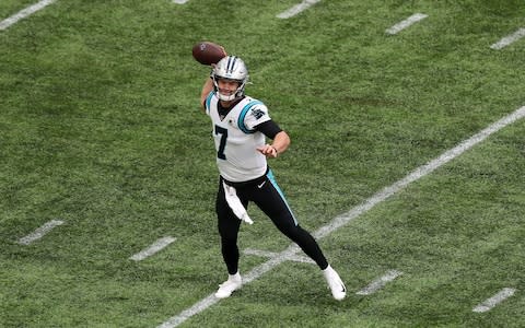 Kyle Allen of Carolina Panthers in action during the NFL game between Carolina Panthers and Tampa Bay Buccaneers at Tottenham Hotspur Stadium on October 13, 2019 in London, England - Credit: Getty Images