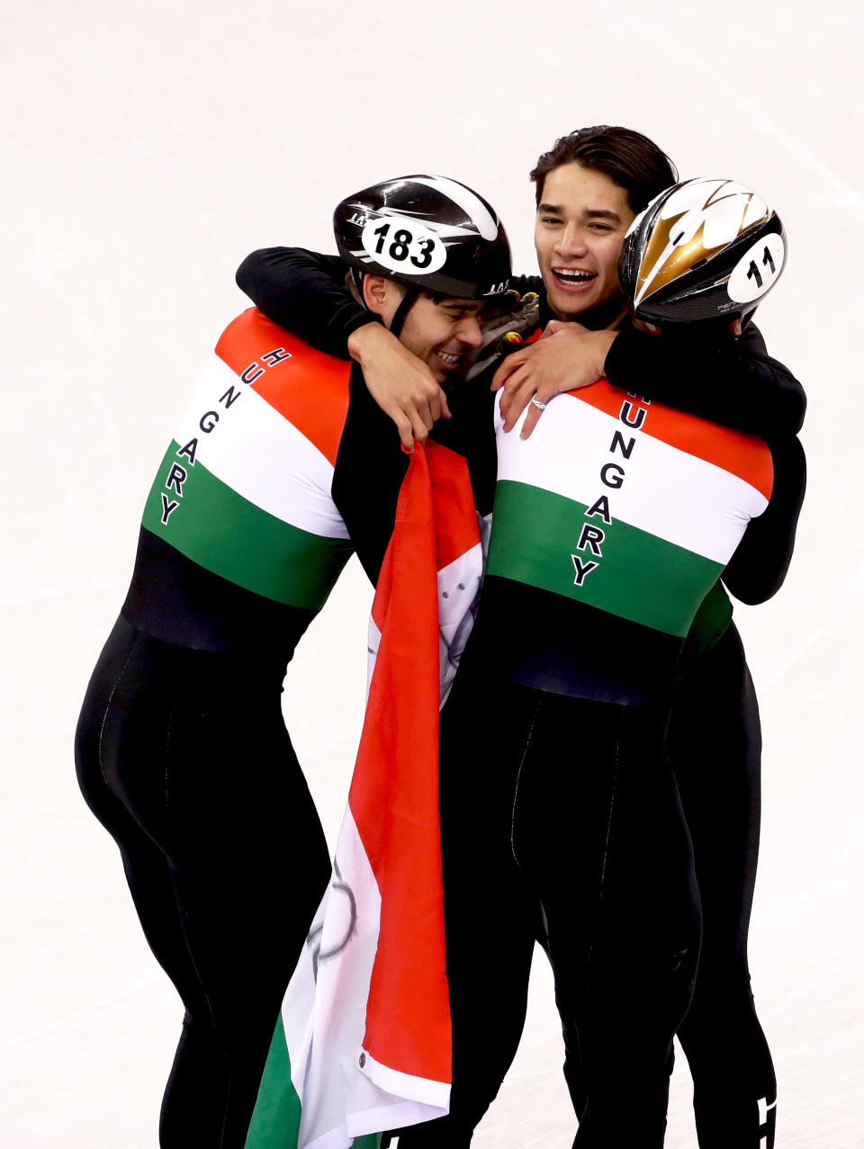 <p>The team from Hungary celebrates after winning gold in the Men’s 5000m Relay Short Track Speed Skating Final on day 13 of the PyeongChang 2018 Winter Olympic Games in South Korea, February 22, 2018.<br> (Photo by Robert Cianflone/Getty Images) </p>