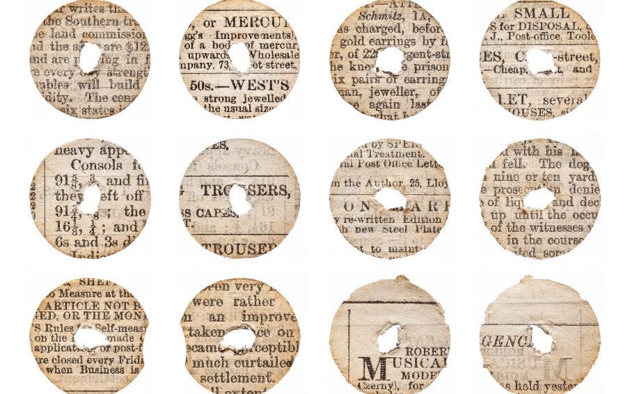 Piano balance washers made from an 1861 copy of the Telegraph