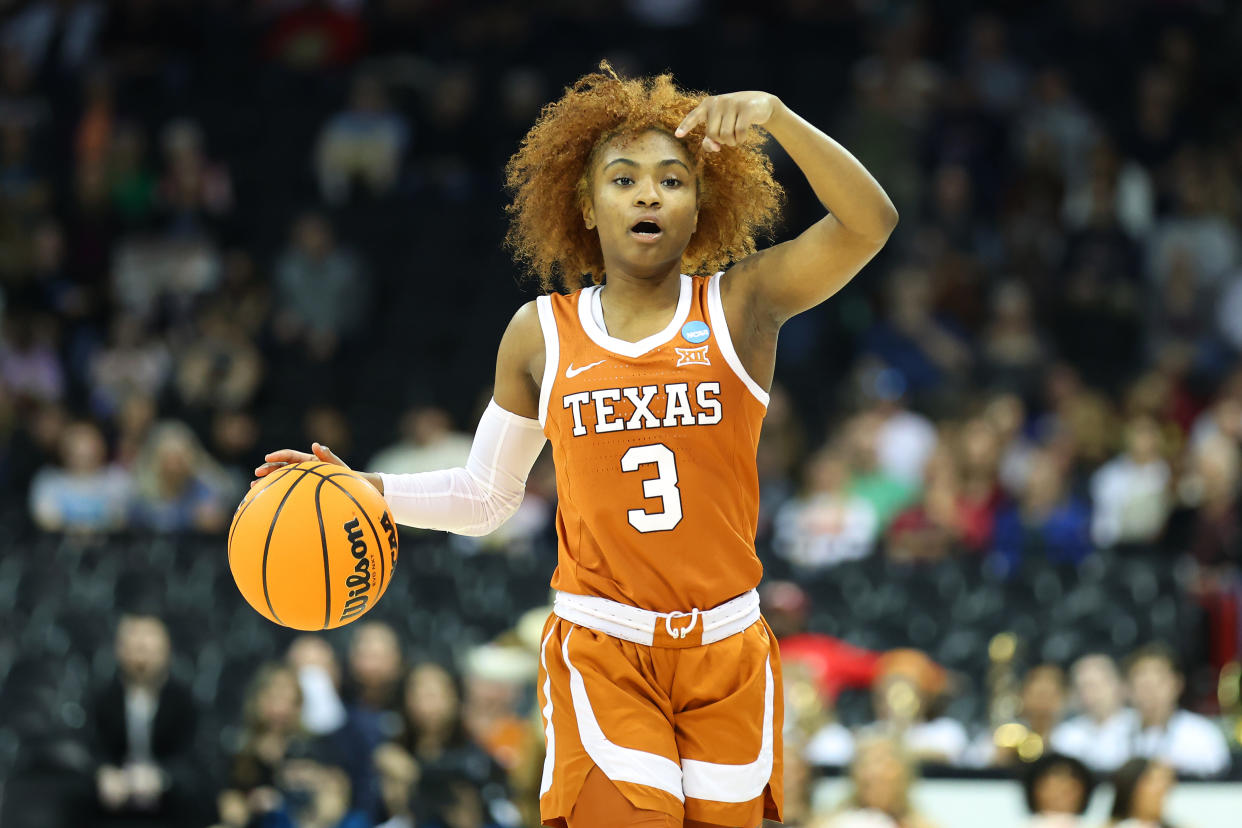 Texas' Rori Harmon calls a play against Stanford during the 2022 NCAA tournament on March 27, 2022, in Spokane, Washington. (Abbie Parr/Getty Images)