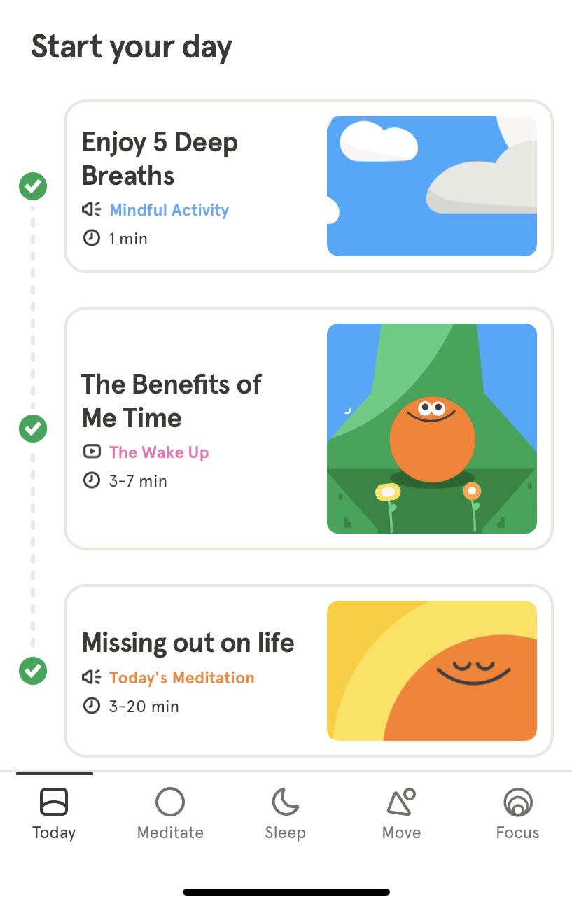 three panels of activities in a screenshot of the meditation app Headspace