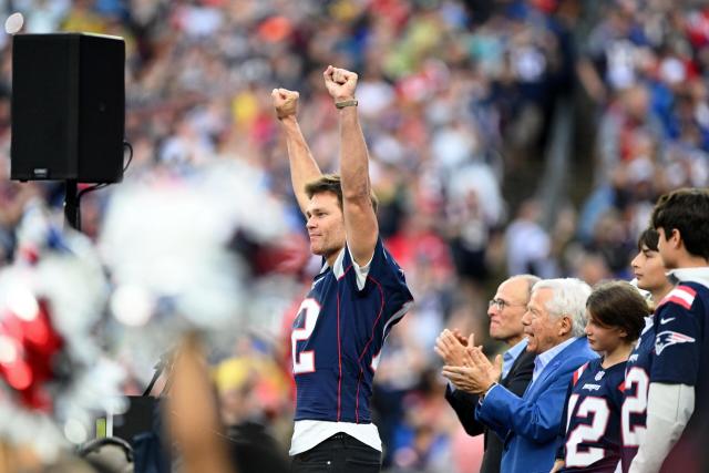 New England Patriots quarterback Tom Brady throws the ceremonial