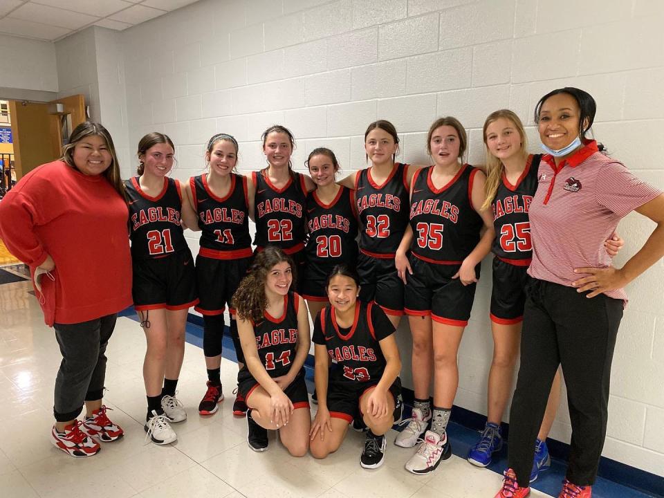 The Gaston Christian girls basketball team is all smiles after a win over Gaston Day on Friday, Dec. 3, 2021.