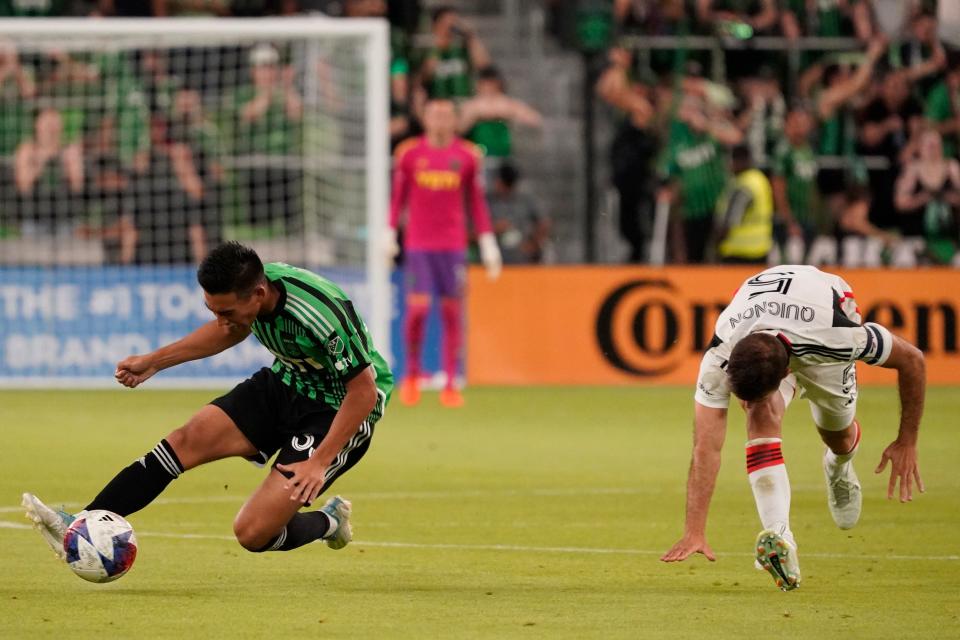 Austin FC midfielder Owen Wolff, left, is fouled by FC Dallas midfielder Facundo Quignon during the second half Wednesday night. El Tree was playing nearly full strength after a 10-day break.