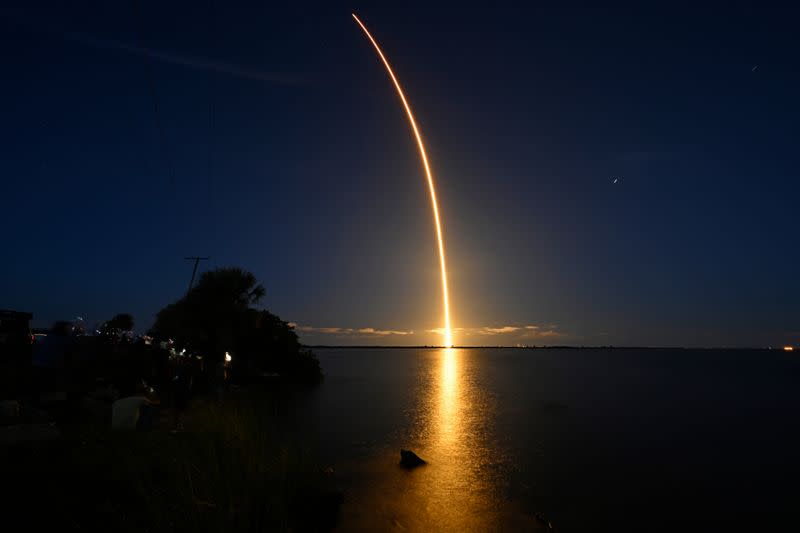 The Inspiration 4 civilian crew aboard a SpaceX Falcon 9 rocket launches from Kennedy Space Center