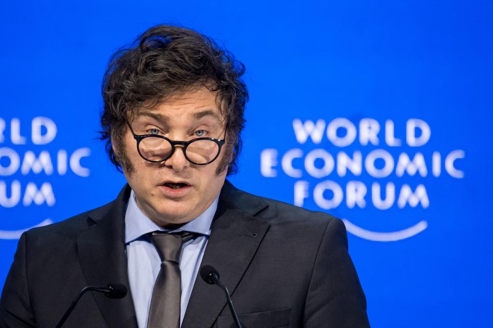 Argentinian President Javier Milei delivers a speech at the World Economic Forum in Davos, Switzerland, on Jan. 17, 2024.