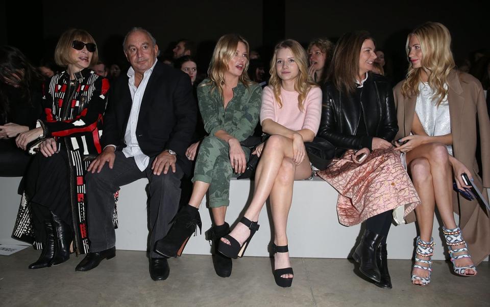 Anna Wintour, Philip Green, Kate Moss, Lottie Moss, Natalie Massenet and Poppy Delevingne attend the Topshop Unique show at London Fashion Week AW14 (Getty Images)