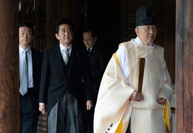 File picture taken on December 26, 2013, showing Japanese Prime Minister Shinzo Abe during a visit to the controversial Yasukuni war shrine