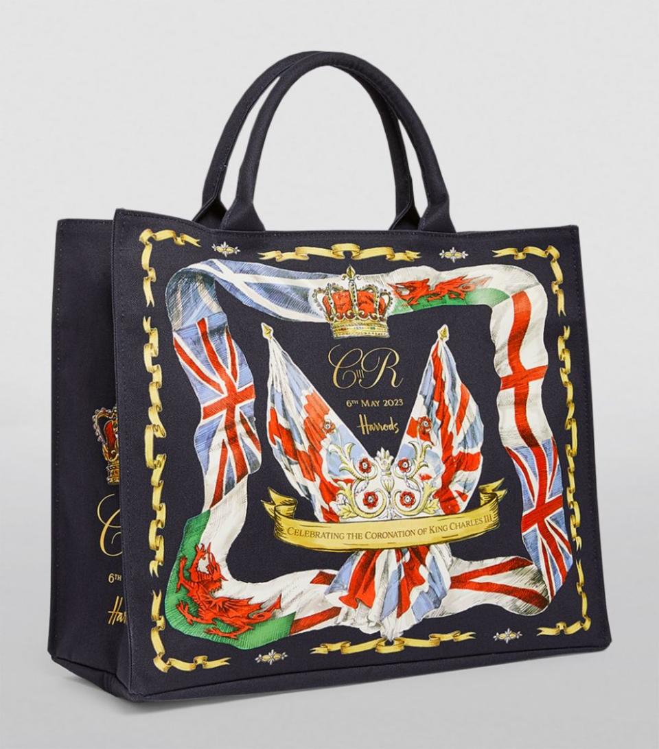 Made from recycled cotton, Harrods has released a large tote bag featuring festive illustrations of Britain’s flags as well as the coronation date of May 6.