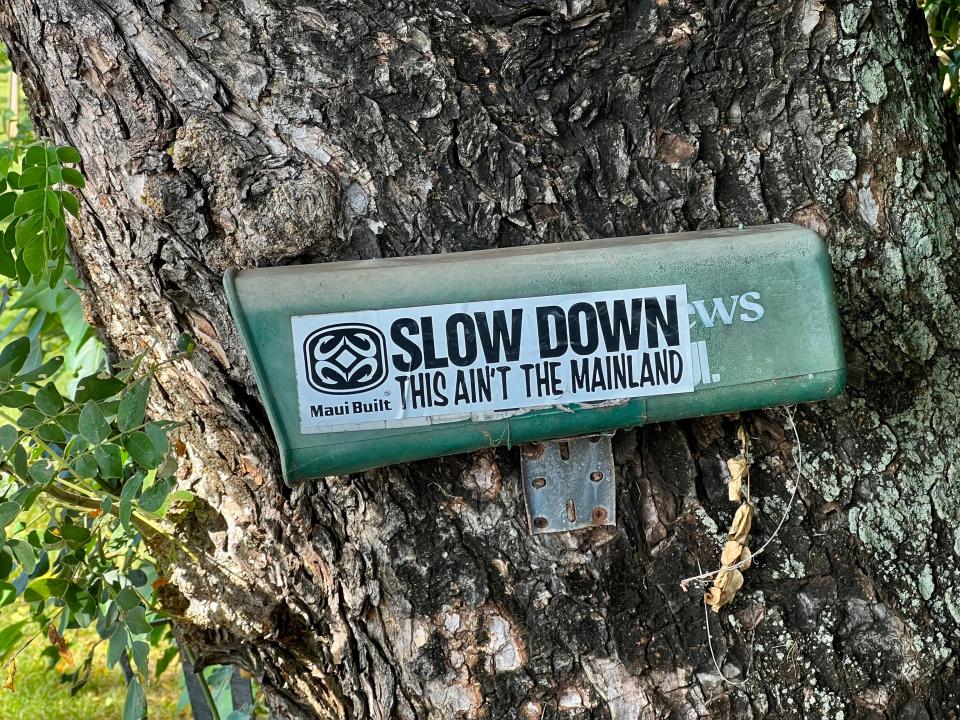 a sign on a mailbox that says "slow down this ain't the mainland" in hawaii