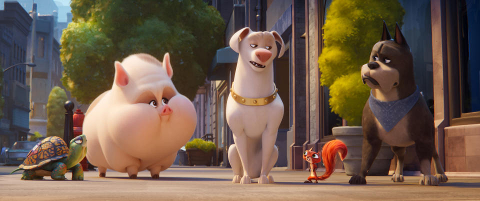 This image released by Warner Bros Pictures shows characters, from left, Merton, a turtle voiced by Natasha Lyonne, PB, potbellied pig voiced by Vanessa Bayer, Krypto, voiced by Dwayne Johnson, Chip, a squirrel voiced by Diego Luna, and Ace, voiced by Kevin Hart, in a scene from "DC League of Super Pets." (Warner Bros. Pictures via AP)