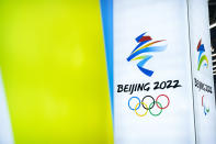 The logos for the 2022 Beijing Winter Olympics and Paralympics are seen at an exhibit at a visitors center at the Winter Olympic venues in Yanqing on the outskirts of Beijing, Friday, Feb. 5, 2021. A small core of international lawyers and activists are prodding leading Olympic sponsors to acknowledge China's widely reported human-rights abuses against Muslim Uyghurs, Tibetans and other minorities. (AP Photo/Mark Schiefelbein)