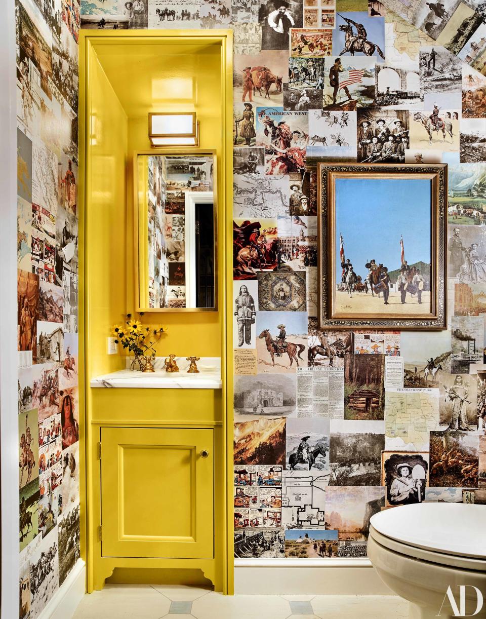 BK Wallcovering sheathed the powder room walls with images from vintage western magazines and books.
