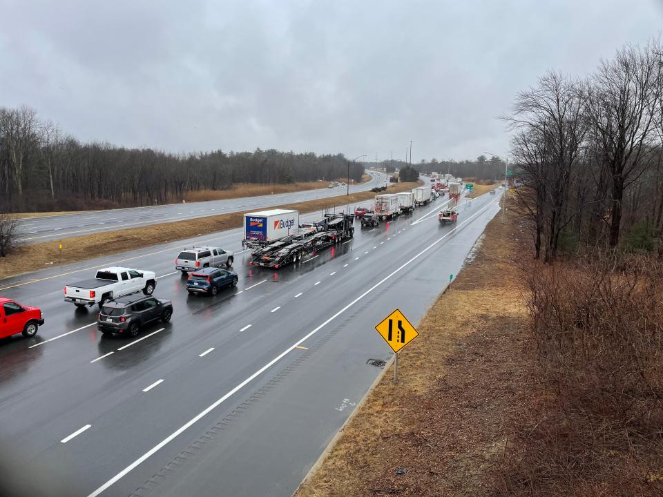 New Hampshire State Police investigate a fatal car crash in the southbound lane of Interstate 95, causing major delays in traffic near the border of Greenland and Portsmouth Wednesday, Feb. 28, 2024.