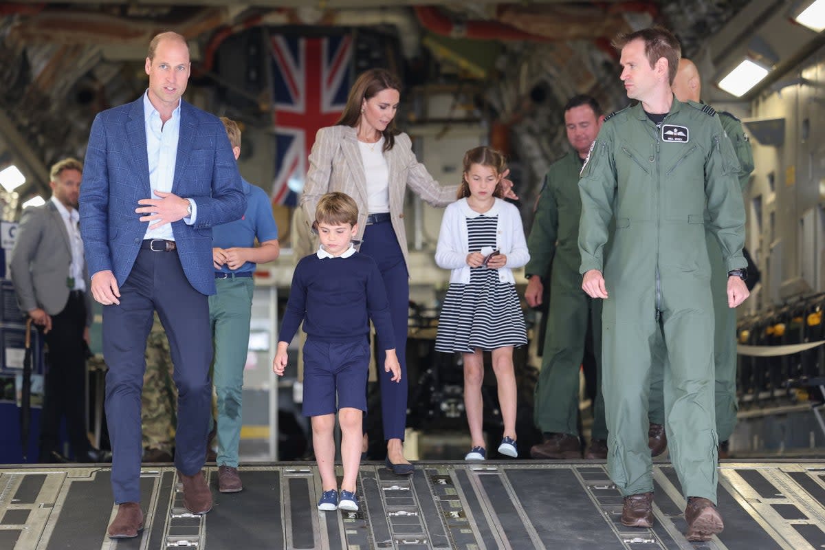 The Prince and Princess of Wales with Prince George, Princess Charlotte and Prince Louis on a C-17 aircraft (Chris Jackson/PA) (PA Wire)