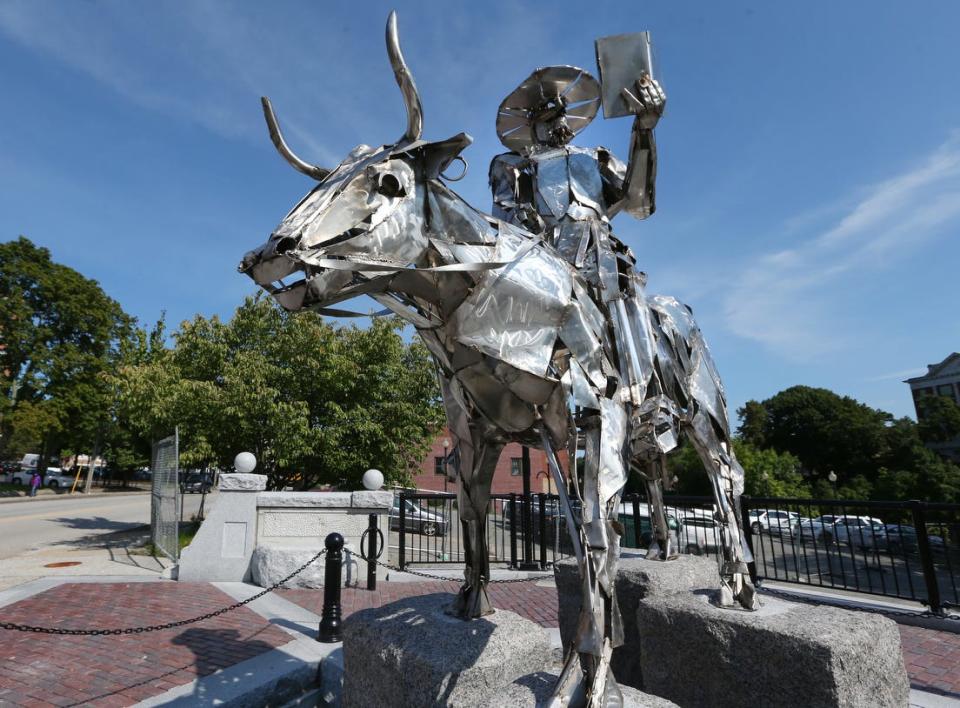 A sculpture of William Blackstone, one of the state's first settlers in the 1630s, created by artist Peruko Ccopaccatty, in Pawtucket, R.I., is causing consternation among the Narragansett Indian Tribe, who say Blackstone brought terror and death to Indigenous peoples of Rhode Island.