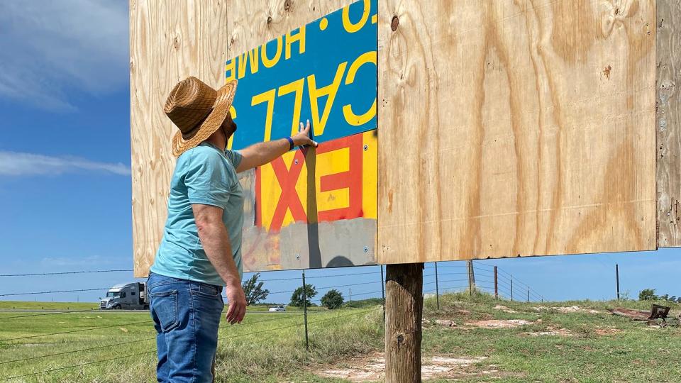 Corey Fuller, chair of Art and Design, Ruth Jay Odom Professor of Fine Arts and professor of graphic design, recently completed an art installation titled “Signs” on a billboard along Route 66 in western Oklahoma.
