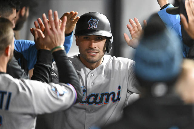 Miami Marlins' Jazz Chisholm Jr. reacts after striking out during the third  inning in the second baseball game of a doubleheader against the Cleveland  Guardians, Saturday, April 22, 2023, in Cleveland. (AP