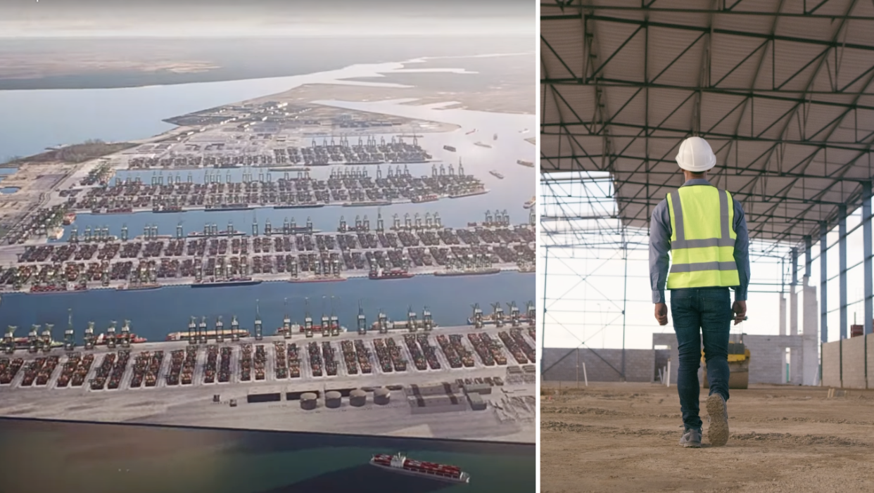 Artist impression of Tuas mega port (left) and construction worker (Photos: MPA Singapore/Getty Images)