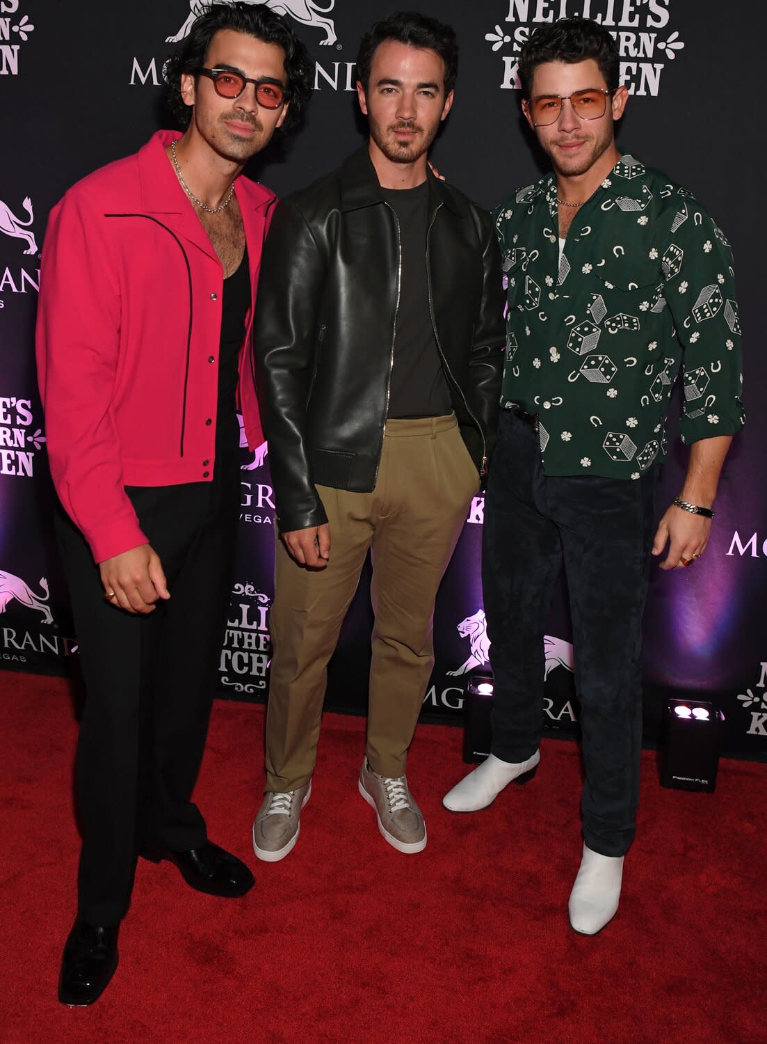 Joe Jonas, Kevin Jonas and Nick Jonas of the musical group Jonas Brothers arrive at the grand opening of their family restaurant, Nellie's Southern Kitchen at MGM Grand on June 04, 2022 in Las Vegas, Nevada.
