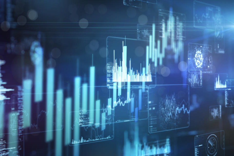 Rising technology stock market graph on futuristic data monitor.