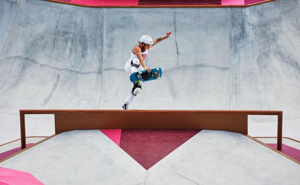 <p>TOKYO, JAPAN - JULY 31: Jordyn Barratt of Team USA pulles a boneless during training today at Ariake Skateboard Park ahead of the Tokyo Olympic Games on July 31, 2021 in Tokyo, Japan. (Photo by Adam Pretty/Getty Images)</p> 