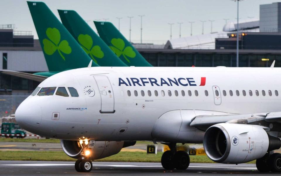 An Air France plane is about to take off on the runway at Dublin airport.