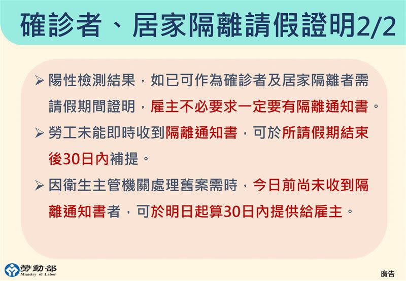 勞工沒有及時收到隔離通知書，可以在請假結束後的30日內提出。（圖／翻攝自吳秉叡臉書）