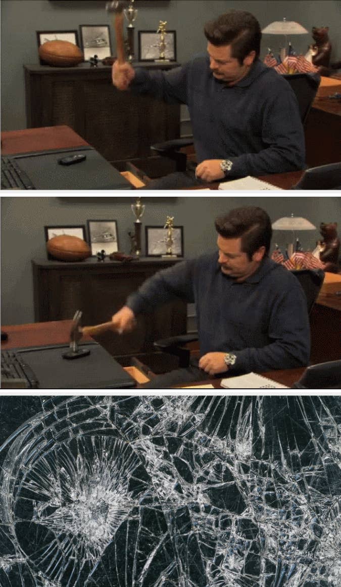 Screenshots from "Parks and Recreation" of Ron Swanson destroying his phone