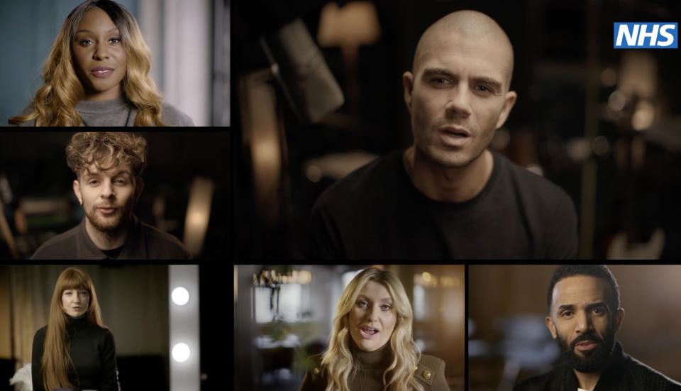 Undated handout video still issued by NHS England (from top left clockwise) of songwriter Laura Mvula, The Wanted's Max George, singer Craig David, singer Ella Henderson, Girls Aloud singer Nicola Roberts and singer Tom Grennan, who are helping to launch a new NHS mental health campaign by appearing in a video reciting words from The Beatles song Help!, to encourage people struggling with their mental health to seek support. Issue date: Monday January 17, 2022 (NHS/PA)