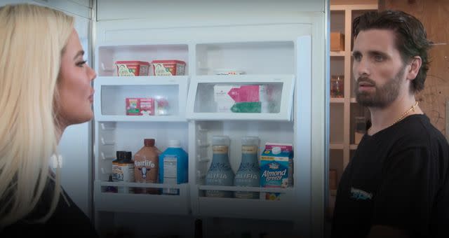 <p>Hulu</p> Scott Disick shows the contents of his fridge and the weight loss drug Mounjaro is on the shelf