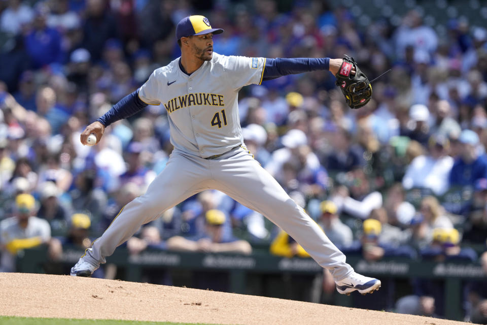 Milwaukee Brewers starting pitcher Joe Ross delivers during the first inning of a baseball game against the Chicago Cubs Friday, May 3, 2024, in Chicago. (AP Photo/Charles Rex Arbogast)
