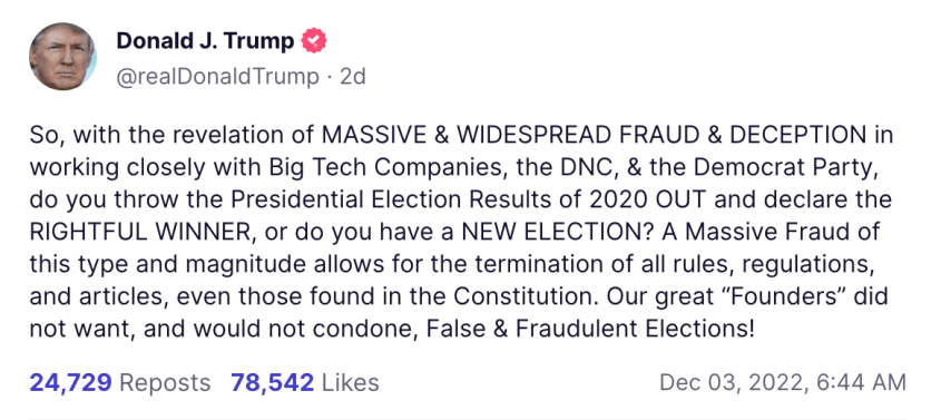 So, with the revelation of MASSIVE & WIDESPREAD FRAUD & DECEPTION in working closely with Big Tech Companies, the DNC, & the Democrat Party, do you throw the Presidential Election Results of 2020 OUT and declare the RIGHTFUL WINNER, or do you have a NEW E