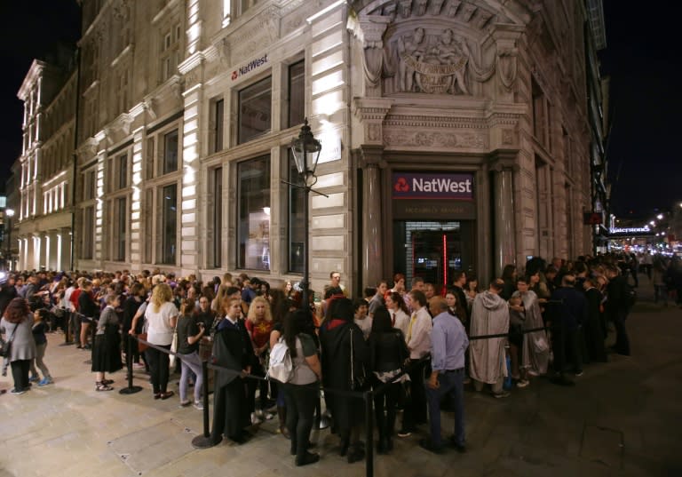 Queues stretch around the corner of Eagle Place off Piccadilly from outside Waterstones bookshop on July 30, 2016, ahead of the midnight party to celebrate the publication of "Harry Potter and the Cursed Child Parts One & Two" script book