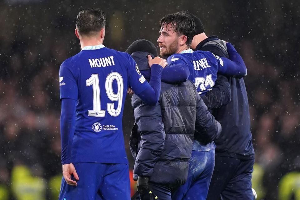 Chelsea’s Ben Chilwell (centre) is helped off the field by the medical staff during the match against Dinamo Zagreb (John Walton/PA). (PA Wire)