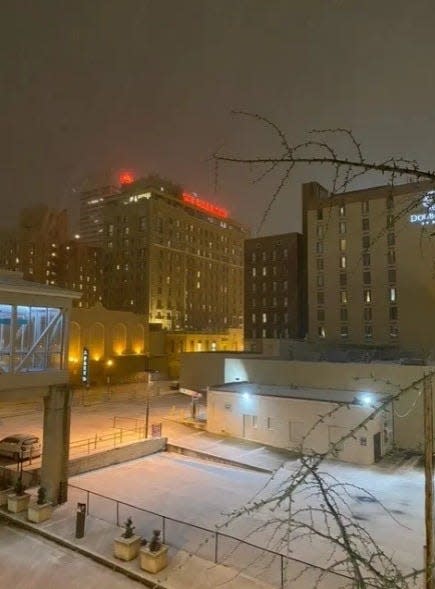 Snow fell on downtown Memphis on Thursday, Dec. 22, 2022, as an Arctic cold front brought single digit temperatures to the area.