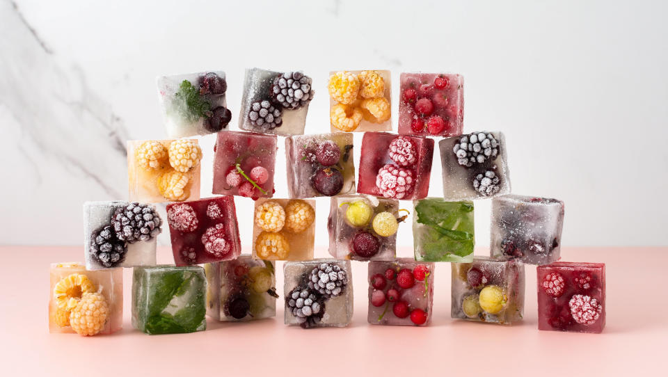 Fancy ice cubes containing fruit