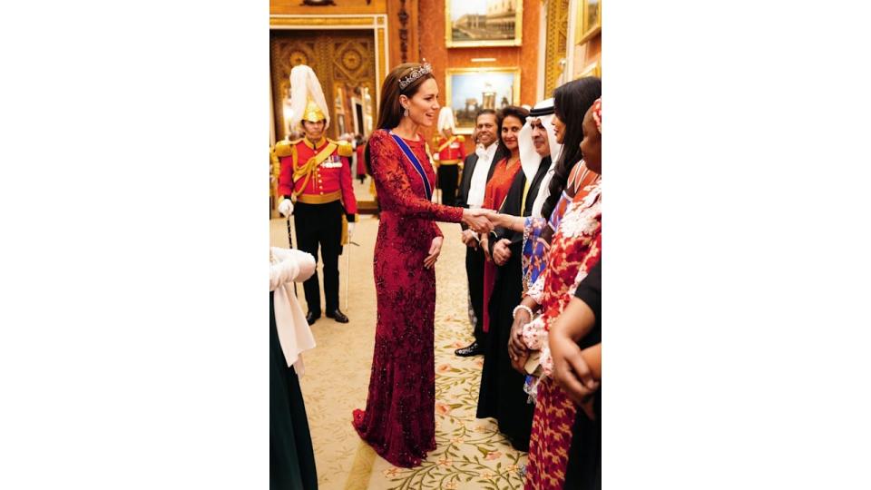 Kate in red beaded dress