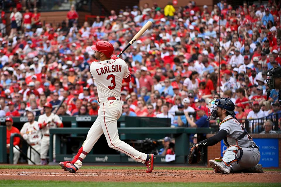 St. Louis Cardinals center fielder Dylan Carlson hits a three run home run against the Detroit Tigers during the second inning at Busch Stadium on May 6, 2023 in St. Louis, Missouri