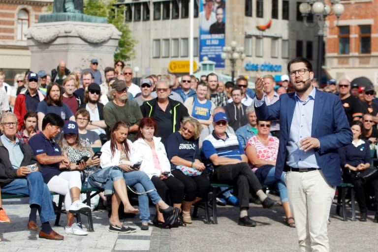 Le patron de l'extrême droite en Suède, le chef des Démocrates de Suède (SD) Jimmie Akesson, lors d'une réunion électorale à Sundsvall le 17 août 2018