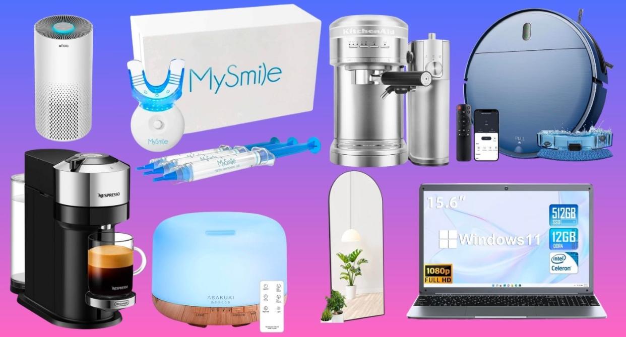 an air purifier, teeth whitening kit, espresso machine, robot vacuum, nespresso machine, essential oil diffuser, arched mirror, and laptop