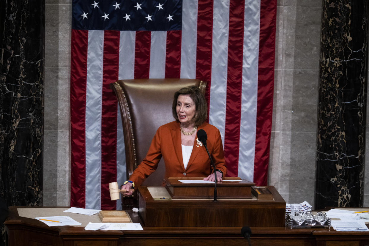 Speaker of the House Nancy Pelosi, D-Calif., announces the House voted to pass the Bipartisan Safer Communities Act in the U.S. Capitol which will help curb gun violence, on June 24, 2022. (Tom Williams/CQ Roll Call via Getty Images)
