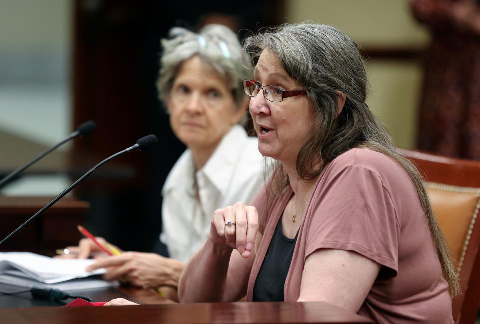 Teacher Kristin van Brunt gives public comment during a Utah Legislature’s Education Interim Committee meeting at the House Building in Salt Lake City on Wednesday, June 14, 2023. Van Brunt says the Davis School District is already very transparent. | Kristin Murphy, Deseret News