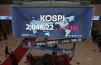 A huge screen showing the Korea Composite Stock Price Index (KOSPI) is seen at the Korea Exchange in Seoul, South Korea, Wednesday, Jan. 2, 2019. Asian stock markets have fallen as trading began for 2019 after Chinese factory activity weakened. Benchmarks in Shanghai, Seoul and Hong Kong all declined, while Tokyo was closed. (AP Photo/Lee Jin-man)