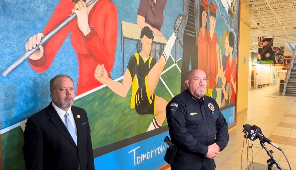 El Paso District Attorney Bill Hicks and Socorro Independent School District Police Chief George Johnson held a news conference Monday, Nov. 6, 2023, at the SISD District Service Center to discuss the increase in threats made by students against schools.