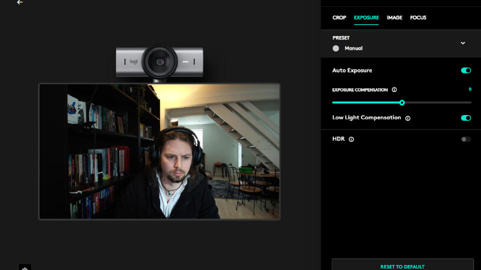 The Logi Options+ menu for the Logitech MX Brio webcam, with HDR disabled