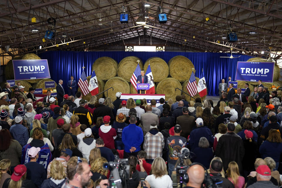 Former President Donald Trump speaks during a commit to caucus rally, Monday, Oct. 16, 2023, in Adel, Iowa. (AP Photo/Charlie Neibergall)