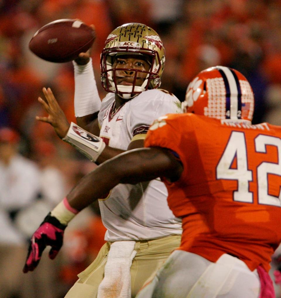 Florida State and Clemson met in Death Valley to play some College football to see who would sit atop of their ACC division. Florida State was the victor with a complete trouncing of Clemson 51-14. Jameis Winston (5) of Florida State.