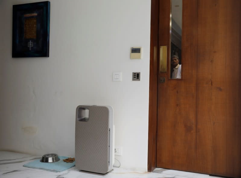 An air purifier is seen next to the spot where dog eats inside managing director of Jindal Stainless, Abhyuday Jindal's, house in New Delhi